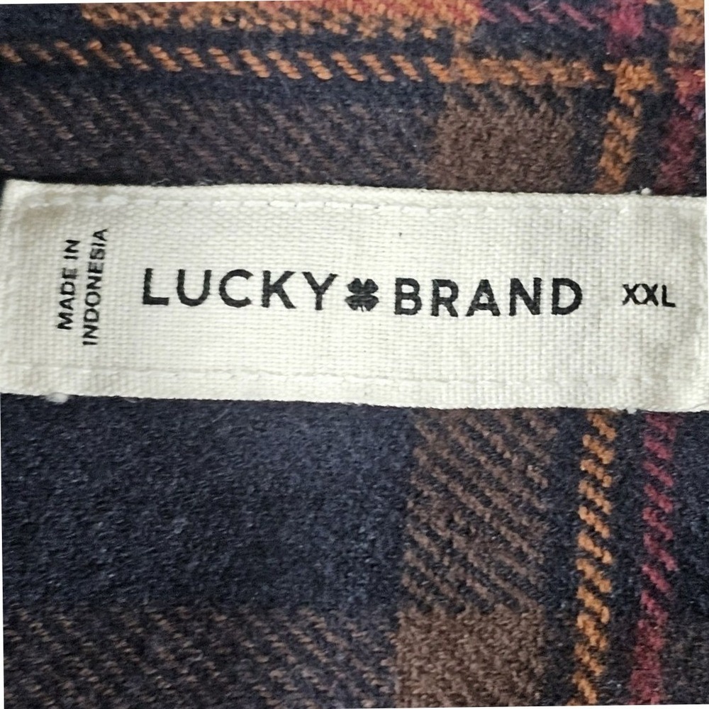 Lucky Brand Plaid Flannel Shirt Mens XXL Brown Navy Blue Long Sleeve Button Up - Picture 3 of 8